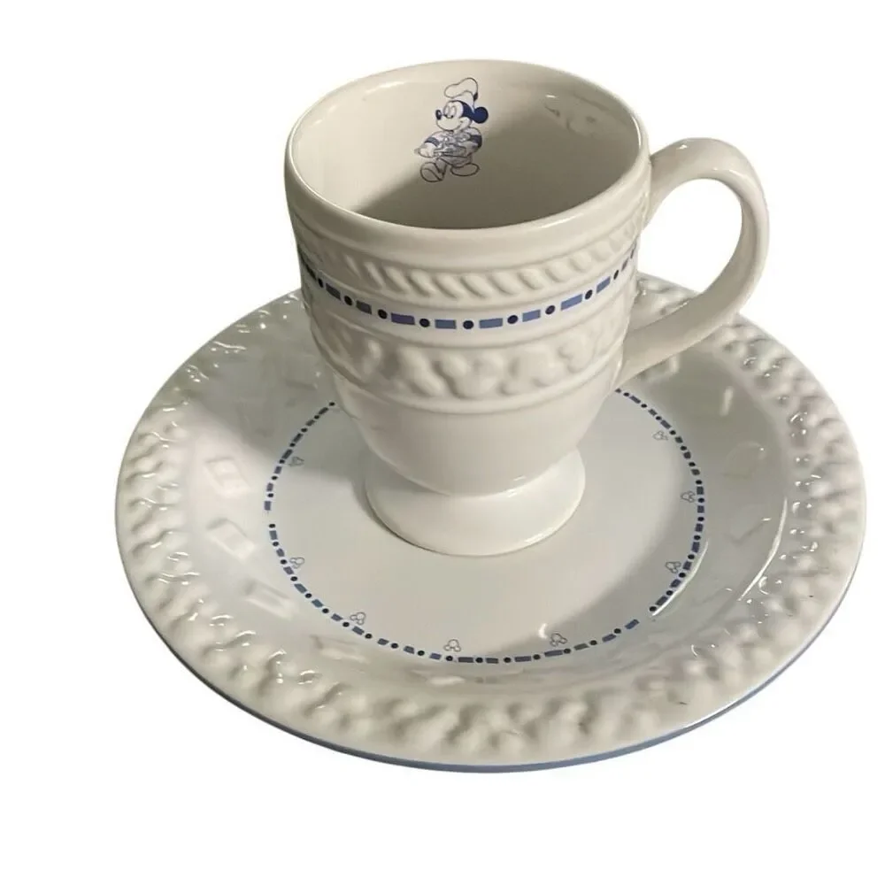 GOURMET DISNEY 10 oz Pedestal Mug 8” Saucer Blue Embossed Mickey Set Retired